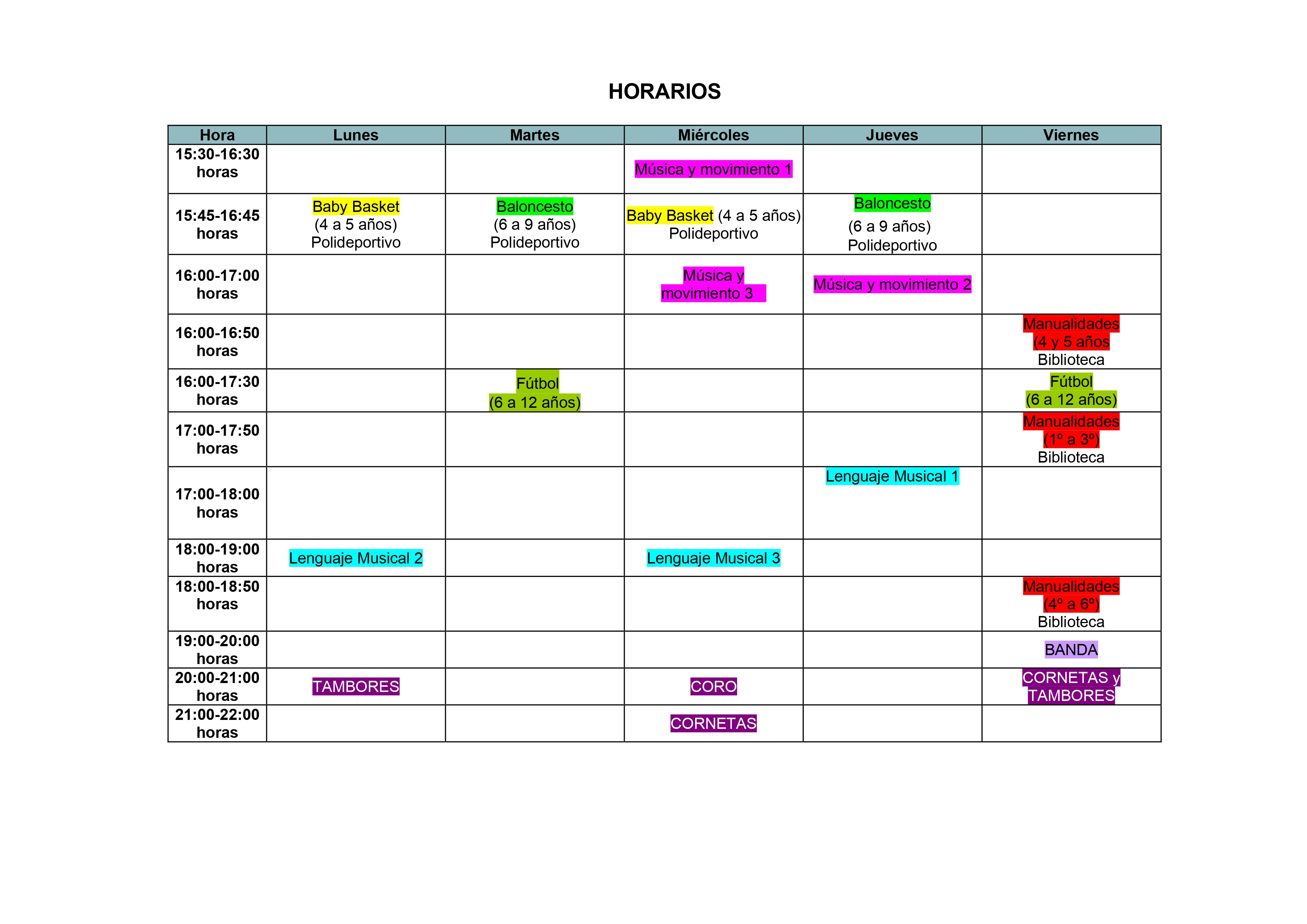 HORARIO EXTRAESCOLARES 25-26 HORARIO EXTRAESCOLARES 25-26